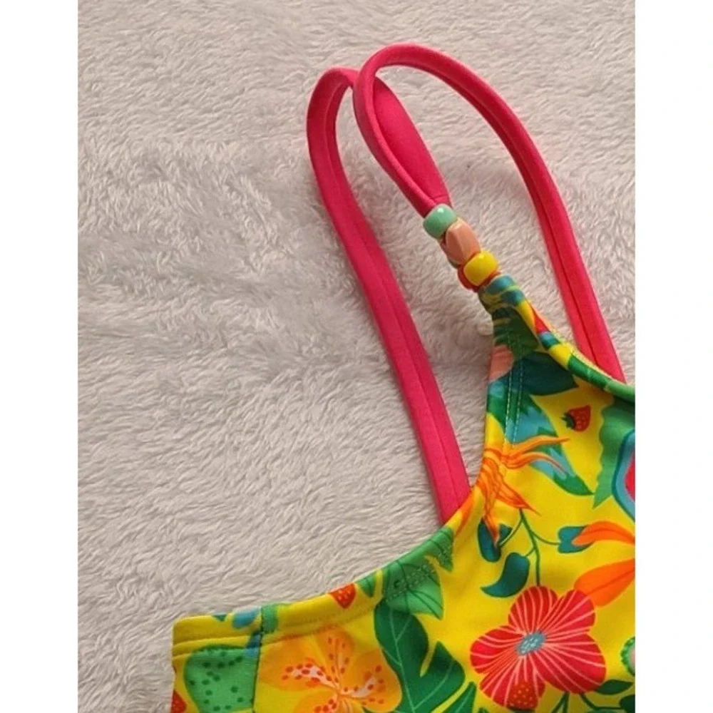 Cat & Jack Girls Yellow Tropical Fruit Bikini Swim Top L 10/12 NWT Sleeveless